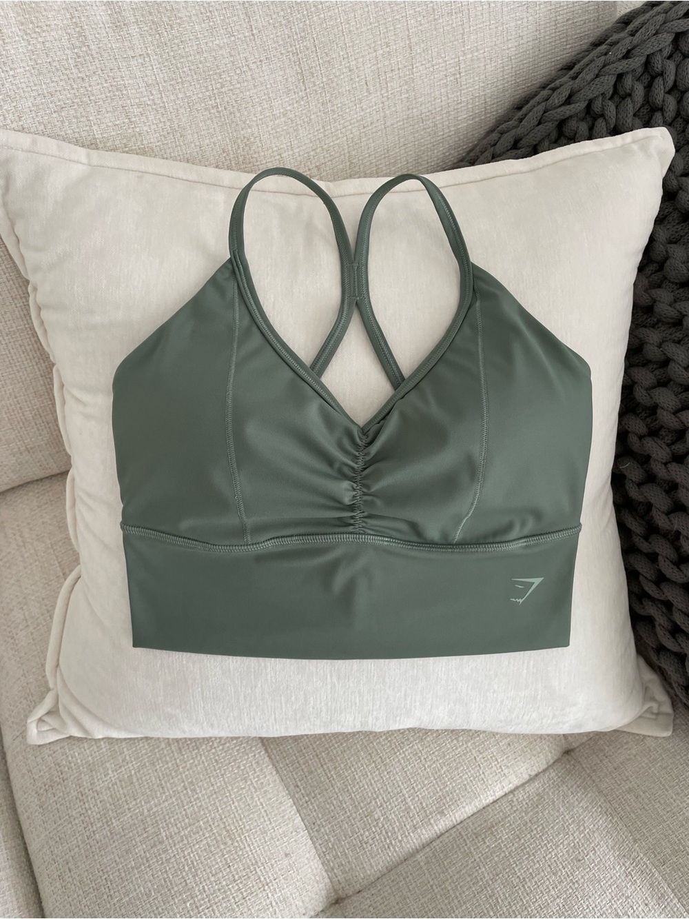 NWOT Gymshark Elevate Longline Ruched V-Neck Strappy Sports Bra Sage Green